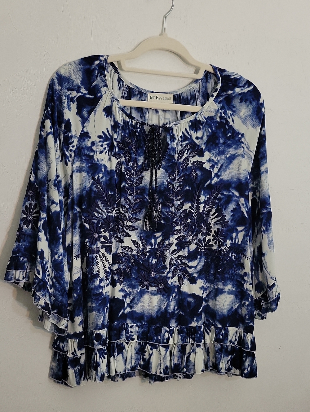 Blue Floral Tie-Dye Embroidered Peasant Tunic
